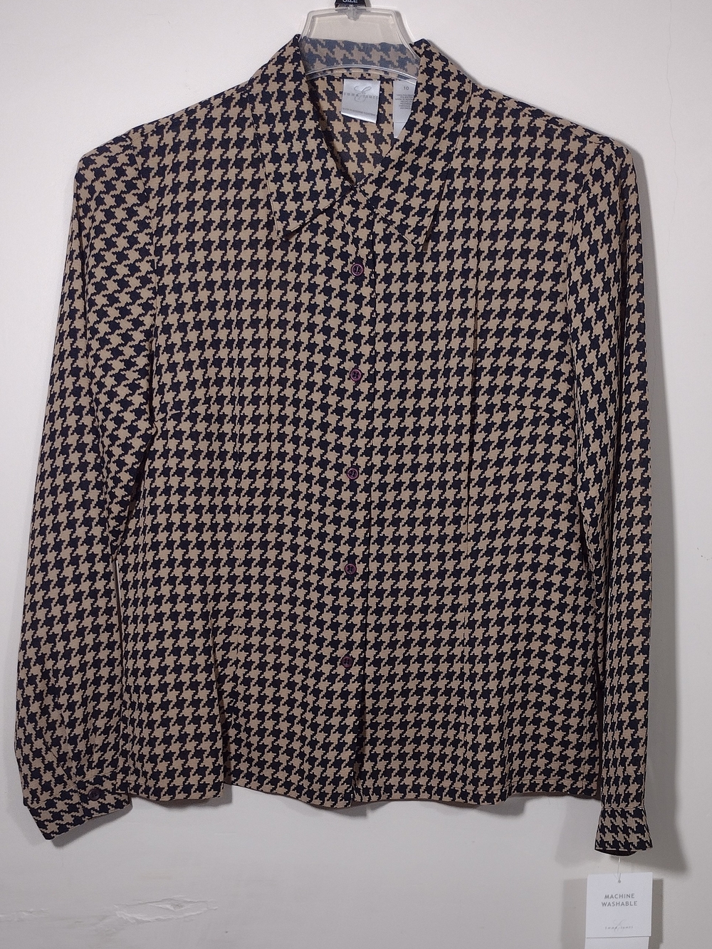 Emma James Classic Houndstooth Button-Up Blouse - Beige & Black NWT Size 10